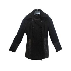 Bebe Wool Genuine Lambskin Trim Coat Womens XS Black Double Breasted Peacoat